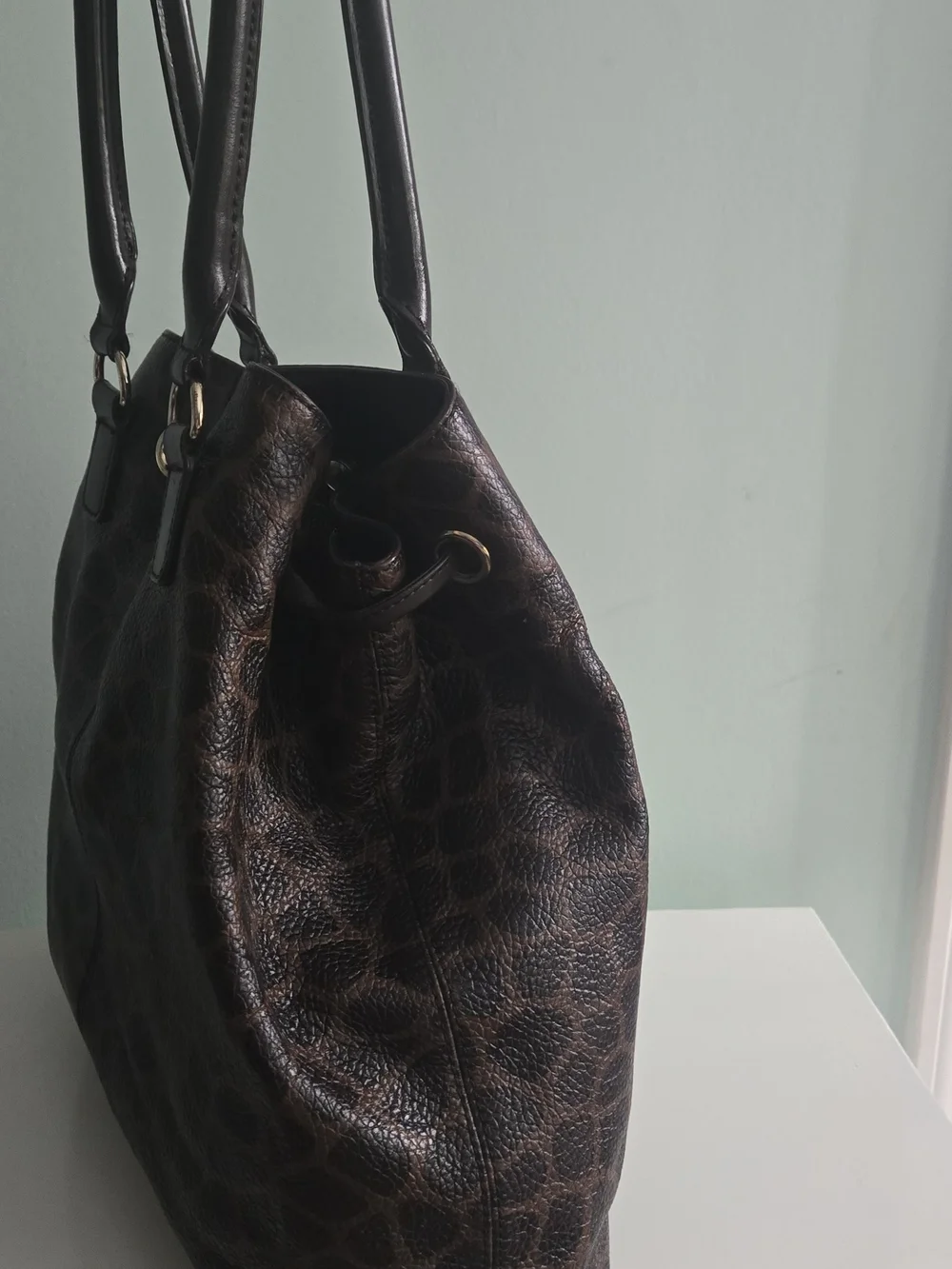 Talbots  Brown Leather Giraffe-Print Drawstring Tote Bag